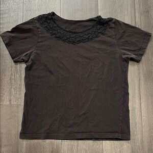 Black Short Sleeve Top with Crochet Neckline